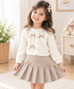 Kids Girl's 3 Pieces- Bow Cardigan, Solid Top, & Pleated A-Line Skirt Set - Image 2