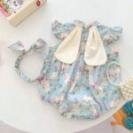 Baby Girl Sleeveless 3D Bunny Ear Floral Print Romper with Headband - Image 2