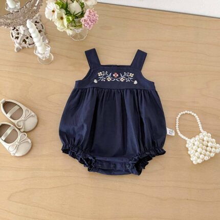 Baby Girl's Sleeveless Embroidered Flower Strap Romper