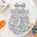 Baby Girl Sleeveless 3D Bunny Ear Floral Print Romper with Headband