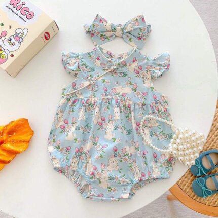 Baby Girl Sleeveless 3D Bunny Ear Floral Print Romper with Headband
