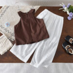 Kids Girl's Summer Korean Style Sleeveless Embroidered Top & Wide-leg Cotton Pant 2pcs Set - Image 2