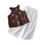 Kids Girl's Summer Korean Style Sleeveless Embroidered Top & Wide-leg Cotton Pant 2pcs Set - Image 6
