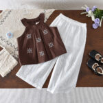 Kids Girl's Summer Korean Style Sleeveless Embroidered Top & Wide-leg Cotton Pant 2pcs Set