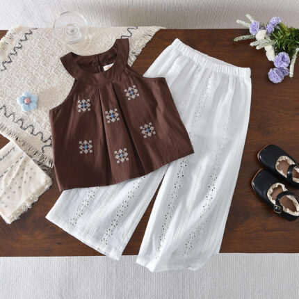 Kids Girl's Summer Korean Style Sleeveless Embroidered Top & Wide-leg Cotton Pant 2pcs Set