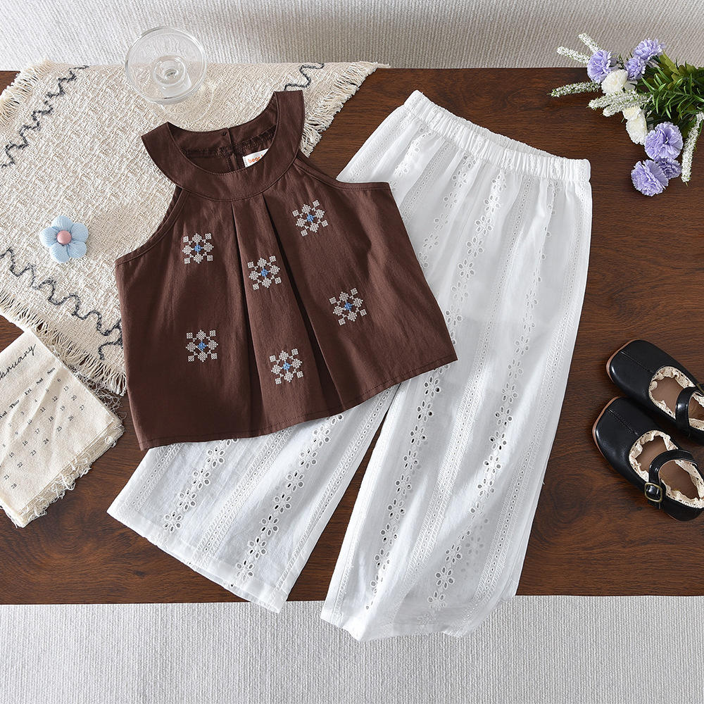 H6e9c002b11bb466e81167260528e62caB Kids Girl's Summer Korean Style Sleeveless Embroidered Top & Wide-leg Cotton Pant 2pcs Set - Image 1