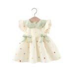 Kids Girl's Cotton Sleeveless Double Bow Printed Embroidered Dress