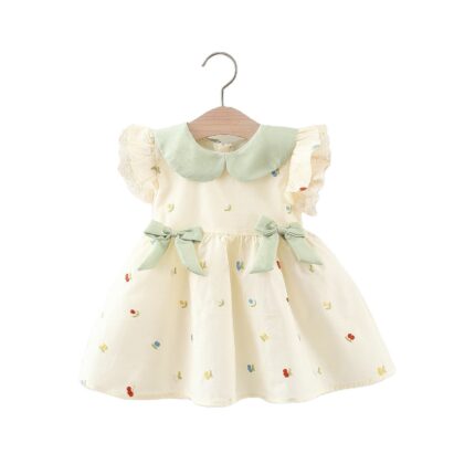 Kids Girl's Cotton Sleeveless Double Bow Printed Embroidered Dress
