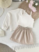 Kids Girl's 3 Pieces- Bow Cardigan, Solid Top, & Pleated A-Line Skirt Set - Image 2