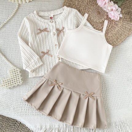 Kids Girl's 3 Pieces- Bow Cardigan, Solid Top, & Pleated A-Line Skirt Set