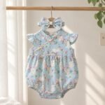 Baby Girl Sleeveless 3D Bunny Ear Floral Print Romper with Headband - Image 2