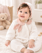 Baby Girl's Sweet Ruffled Full Sleeve & Rabbit Ear Coller Romper with ruffled cap set for Autumn - Image 2