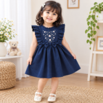 Baby Girl's Cute Ruffle Sleeve Bow Decor With Floral Embroidery Outfit - Image 2