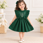 Baby Girl's Cute Ruffle Sleeve Bow Decor With Floral Embroidery Outfit - Image 3