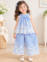 Kids Girl's Summer Friendly Lace Embroidered Flower Sleeveless Tops & Casual Trouser (2 pcs) Set - Image 2