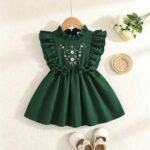 Baby Girl's Cute Ruffle Sleeve Bow Decor With Floral Embroidery Outfit