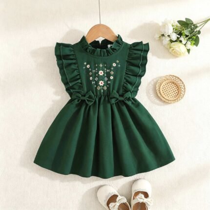 Baby Girl's Cute Ruffle Sleeve Bow Decor With Floral Embroidery Outfit