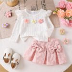 Kids Girl's Sweet Floral Long-Sleeve Tops & Pink Bow-Knot Short Skirt Set