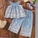 Kids Girl's Summer Friendly Lace Embroidered Flower Sleeveless Tops & Casual Trouser (2 pcs) Set