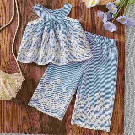 Kids Girl's Summer Friendly Lace Embroidered Flower Sleeveless Tops & Casual Trouser (2 pcs) Set