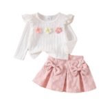 Kids Girl's Sweet Floral Long-Sleeve Tops & Pink Bow-Knot Short Skirt Set - Image 3
