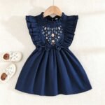 Baby Girl's Cute Ruffle Sleeve Bow Decor With Floral Embroidery Outfit - Image 2