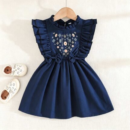 Baby Girl's Cute Ruffle Sleeve Bow Decor With Floral Embroidery Outfit