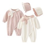 Baby Girl's Sweet Ruffled Full Sleeve & Rabbit Ear Coller Romper with ruffled cap set for Autumn