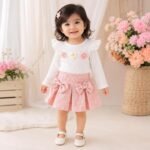 Kids Girl's Sweet Floral Long-Sleeve Tops & Pink Bow-Knot Short Skirt Set - Image 2